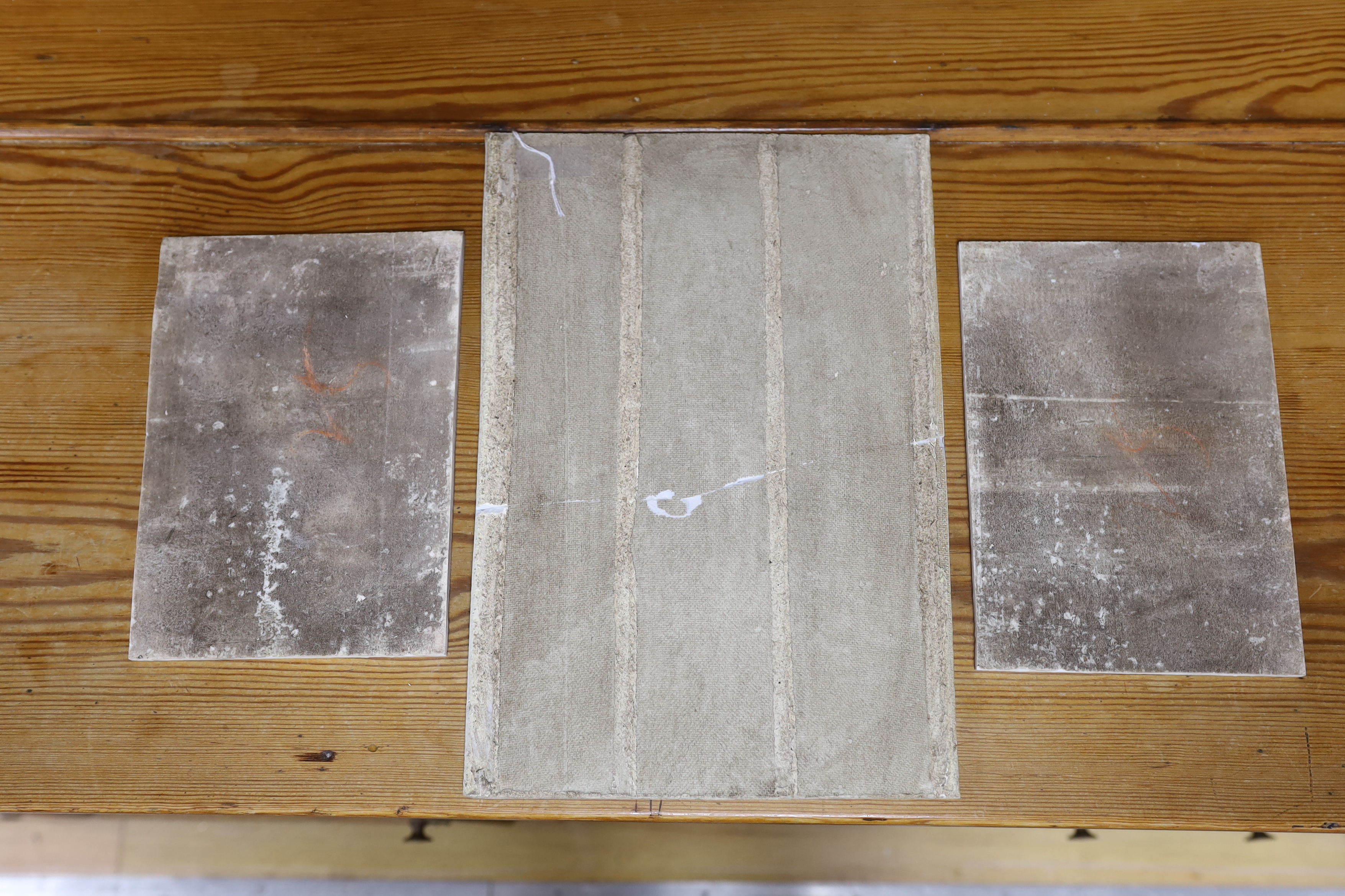 An early 20th century Chinese famille rose plaque and two others, largest 36cm high x 24.5cm wide